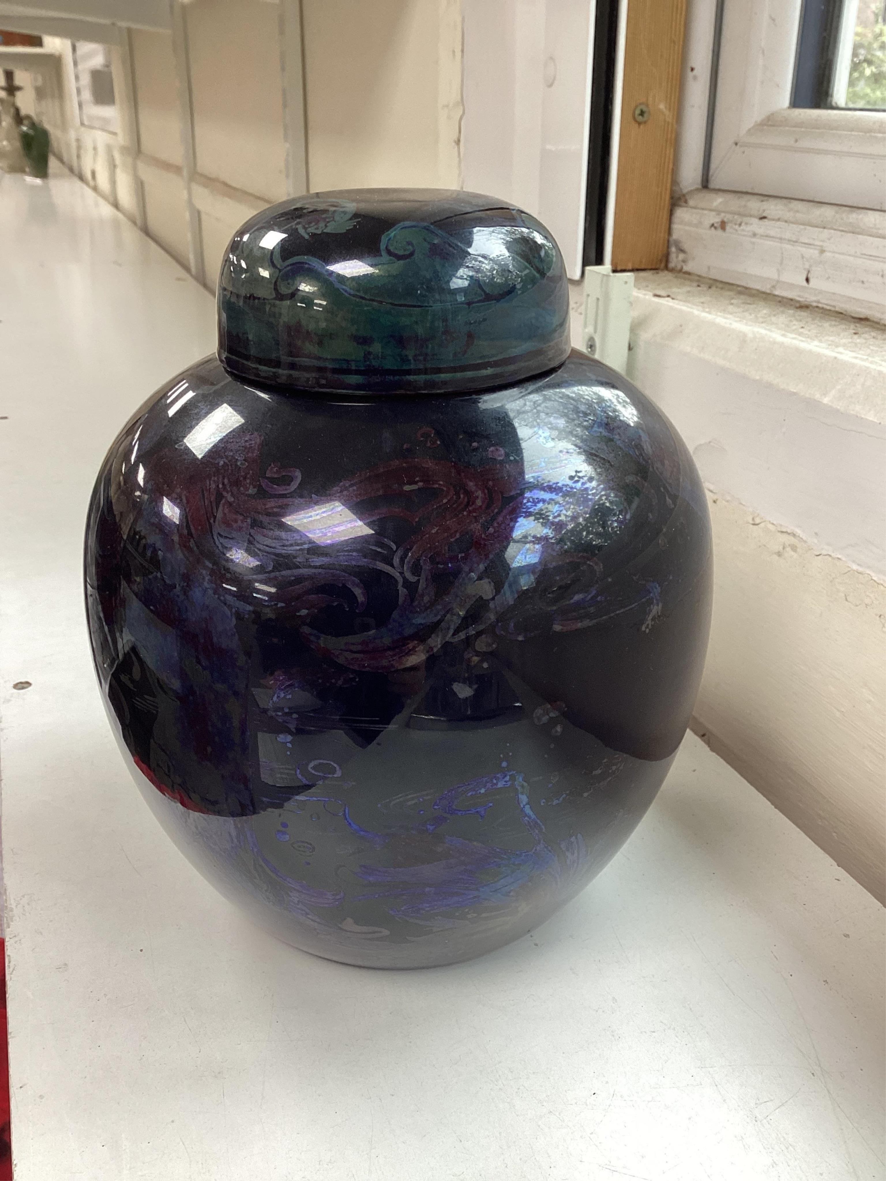 A Bernard Moore flambé and silver lustre ‘mermaid’ ginger jar and cover, by Hilda Lindop, c.1910